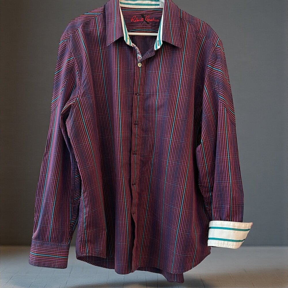 Robert Graham Men’s 3XL Striped Button Down Shirt Flip Cuff Contrast Collar - Picture 8 of 8